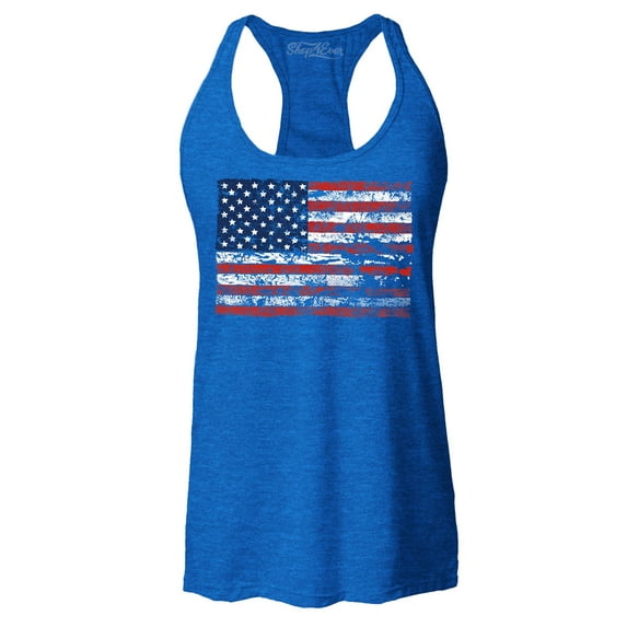 Shop4Ever Women's Distressed American Flag Horizontal USA Patriotic 4th of July Racerback Tank Top Medium Royal Blue