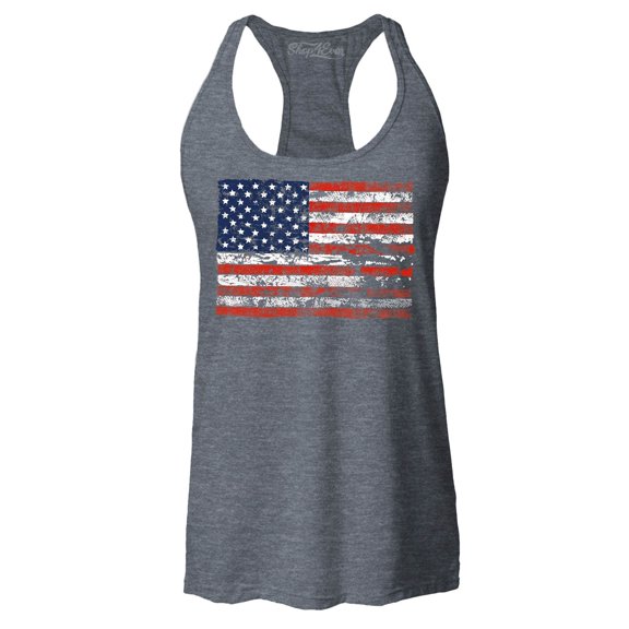 Shop4Ever Women's Distressed American Flag Horizontal USA Patriotic 4th of July Racerback Tank Top Small Charcoal