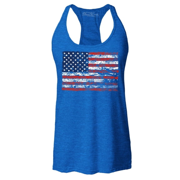 Shop4Ever Women's Distressed American Flag Horizontal USA Patriotic 4th of July Racerback Tank Top X-Small Royal Blue