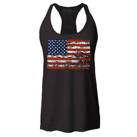 Shop4Ever Women's Distressed American Flag Horizontal USA Patriotic 4th of July Racerback Tank Top XX-Large Black