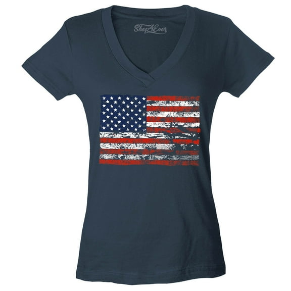 Shop4Ever Women's Distressed American Flag Horizontal USA Patriotic 4th of July Slim Fit V-Neck T-Shirt Large Charcoal