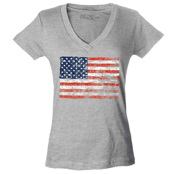 Shop4Ever Women's Distressed American Flag Horizontal USA Patriotic 4th of July Slim Fit V-Neck T-Shirt Large Sports Grey
