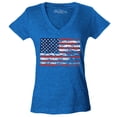 thumbnail image 1 of Shop4Ever Women's Distressed American Flag Horizontal USA Patriotic 4th of July Slim Fit V-Neck T-Shirt X-Large Heather Royal Blue, 1 of 5