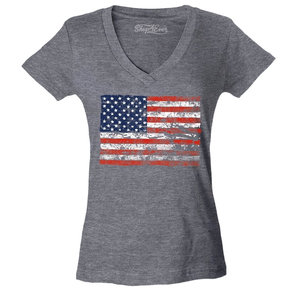 Shop4Ever Women's Distressed American Flag Horizontal USA Patriotic 4th of July Slim Fit V-Neck T-Shirt X-Small Heather Charcoal