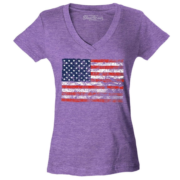 Shop4Ever Women's Distressed American Flag Horizontal USA Patriotic 4th of July Slim Fit V-Neck T-Shirt X-Small Heather Purple