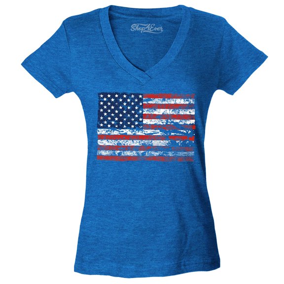 Shop4Ever Women's Distressed American Flag Horizontal USA Patriotic 4th of July Slim Fit V-Neck T-Shirt X-Small Heather Royal Blue