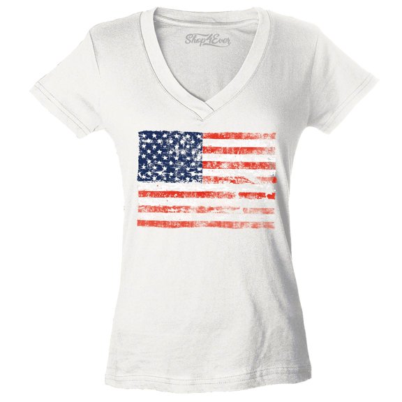Shop4Ever Women's Distressed American Flag Horizontal USA Patriotic 4th of July Slim Fit V-Neck T-Shirt X-Small White