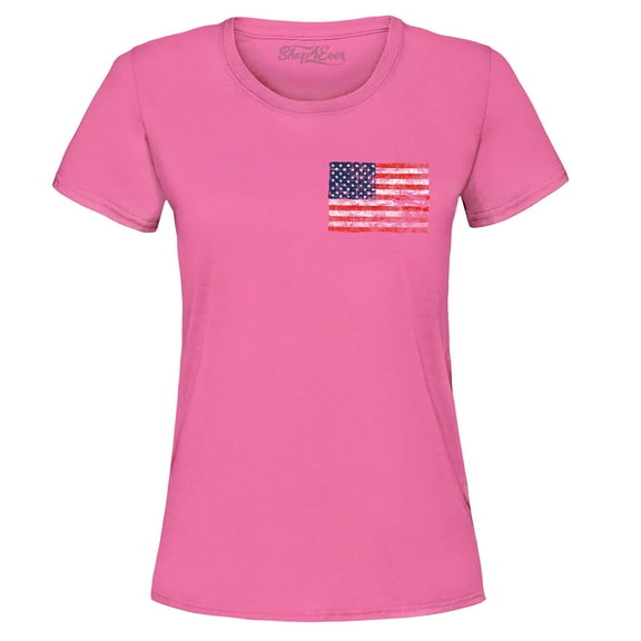 Shop4Ever Women's Distressed American Flag Pocket Size USA Patriotic 4th of July  Graphic T-Shirt Large Azalea Pink