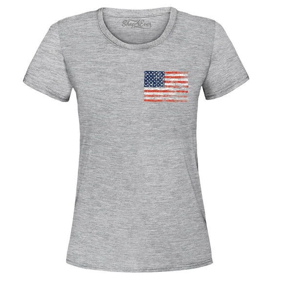 Shop4Ever Women's Distressed American Flag Pocket Size USA Patriotic 4th of July  Graphic T-Shirt Small Sports Grey
