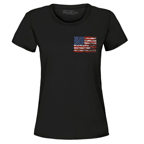 Shop4Ever Women's Distressed American Flag Pocket Size USA Patriotic 4th of July Graphic T-Shirt X-Large Black