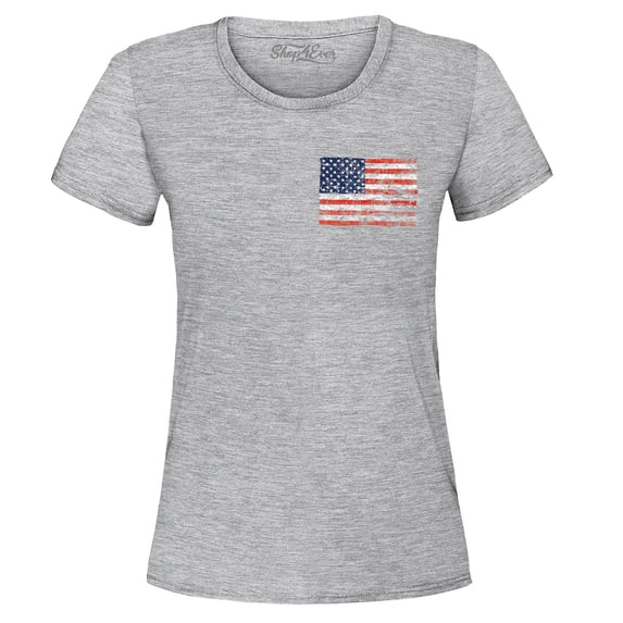 Shop4Ever Women's Distressed American Flag Pocket Size USA Patriotic 4th of July Graphic T-Shirt X-Large Sports Grey