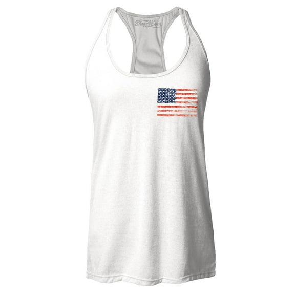 Shop4Ever Women's Distressed American Flag Pocket Size USA Patriotic 4th of July Racerback Tank Top Small White