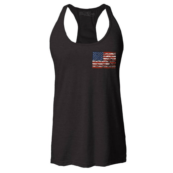 Shop4Ever Women's Distressed American Flag Pocket Size USA Patriotic 4th of July Racerback Tank Top X-Large Black