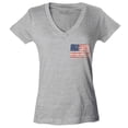 thumbnail image 1 of Shop4Ever Women's Distressed American Flag Pocket Size USA Patriotic 4th of July  Slim Fit V-Neck T-Shirt Medium Sports Grey, 1 of 5