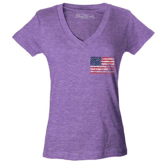Shop4Ever Women's Distressed American Flag Pocket Size USA Patriotic 4th of July Slim Fit V-Neck T-Shirt Small Heather Purple