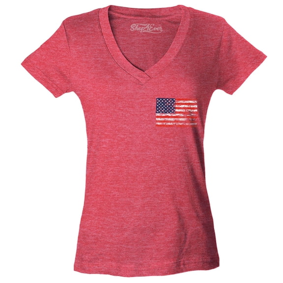 Shop4Ever Women's Distressed American Flag Pocket Size USA Patriotic 4th of July Slim Fit V-Neck T-Shirt X-Small Heather Red