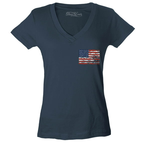 Shop4Ever Women's Distressed American Flag Pocket Size USA Patriotic 4th of July Slim Fit V-Neck T-Shirt XX-Large Charcoal
