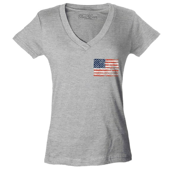 Shop4Ever Women's Distressed American Flag Pocket Size USA Patriotic 4th of July Slim Fit V-Neck T-Shirt XX-Large Sports Grey