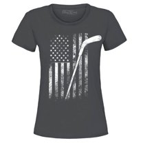 Shop4Ever Women's Distressed Hockey American Flag Patriotic Sports Graphic T-Shirt Small Charcoal