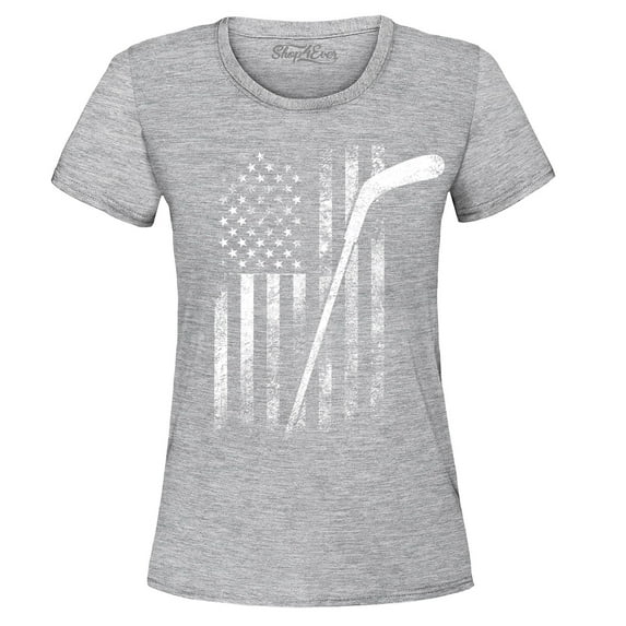 Shop4Ever Women's Distressed Hockey American Flag Patriotic Sports Graphic T-Shirt X-Large Sports Grey