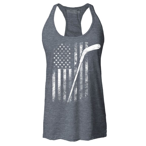 Shop4Ever Women's Distressed Hockey American Flag Patriotic Sports  Racerback Tank Top Medium Charcoal