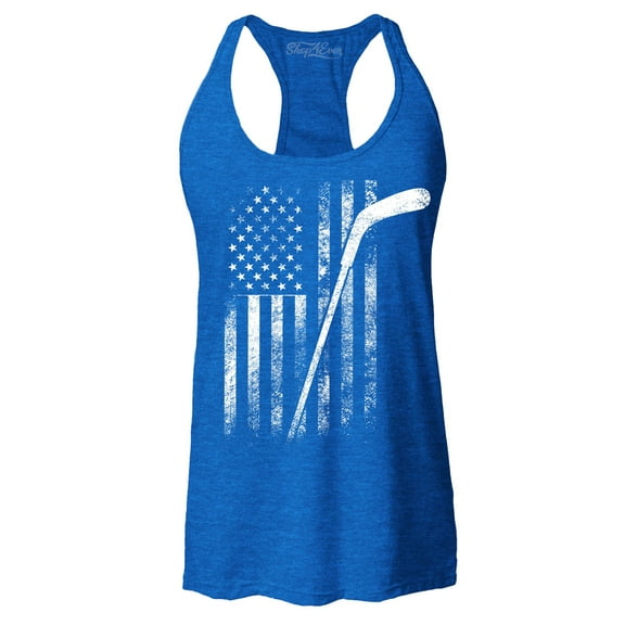 Shop4Ever Women's Distressed Hockey American Flag Patriotic Sports  Racerback Tank Top Small Royal Blue