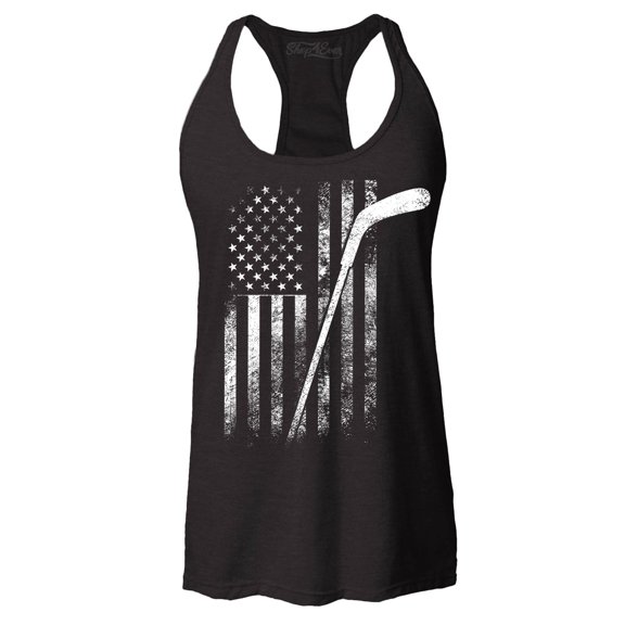 Shop4Ever Women's Distressed Hockey American Flag Patriotic Sports  Racerback Tank Top XX-Large Black