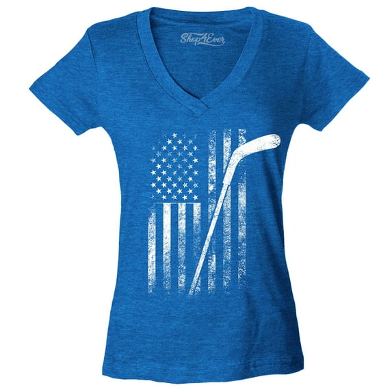Shop4Ever Women's Distressed Hockey American Flag Patriotic Sports Slim Fit V-Neck T-Shirt X-Small Heather Royal Blue