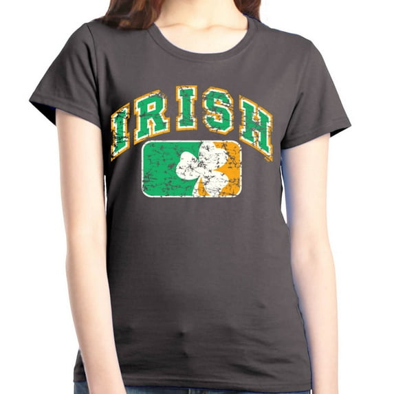Shop4Ever Women's Distressed Irish Flag St. Patrick's Day Graphic T-Shirt X-Large Charcoal