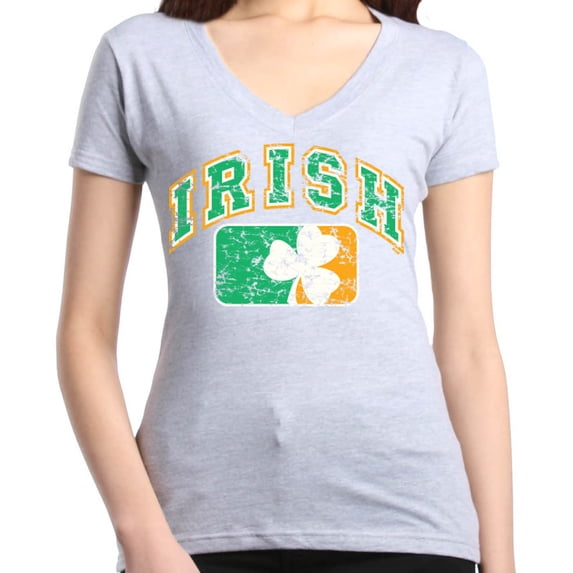 Shop4Ever Women's Distressed Irish Flag St. Patrick's Day Slim Fit V-Neck T-Shirt Large Sports Grey