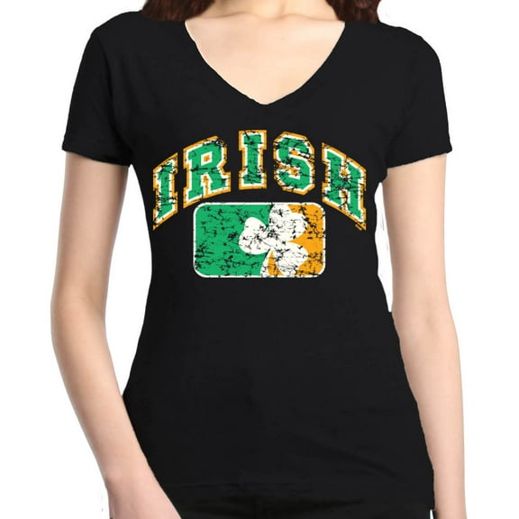 Shop4Ever Women's Distressed Irish Flag St. Patrick's Day Slim Fit V-Neck T-Shirt Medium Black