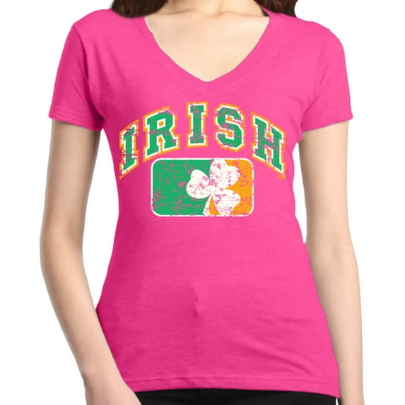Shop4Ever Women's Distressed Irish Flag St. Patrick's Day Slim Fit V-Neck T-Shirt X-Large Pink