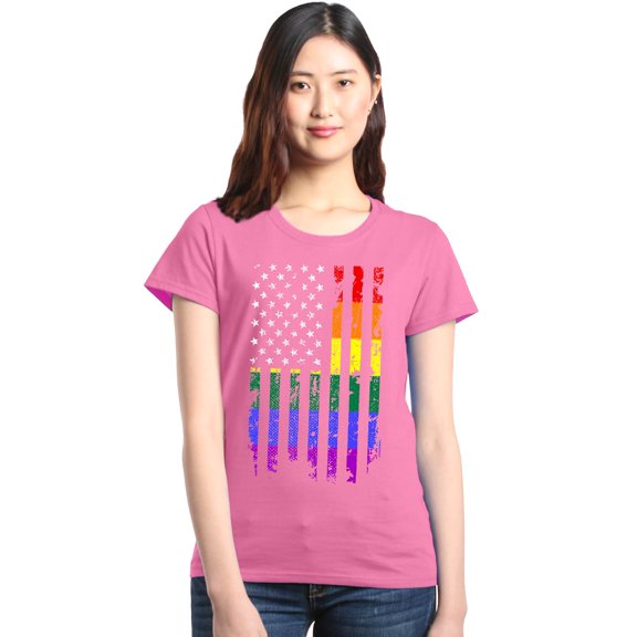 Shop4Ever Women's Distressed Rainbow Flag Gay Pride Graphic T-Shirt Medium Azalea Pink