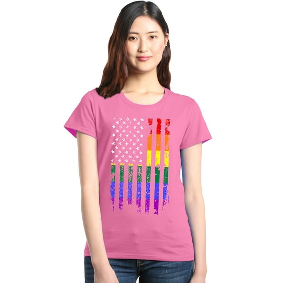 Shop4Ever Women's Distressed Rainbow Flag Gay Pride Graphic T-Shirt Medium Azalea Pink