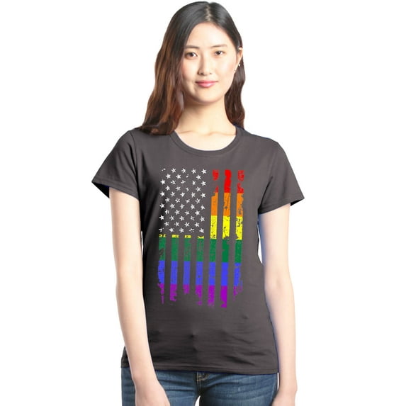 Shop4Ever Women's Distressed Rainbow Flag Gay Pride Graphic T-Shirt Medium Charcoal