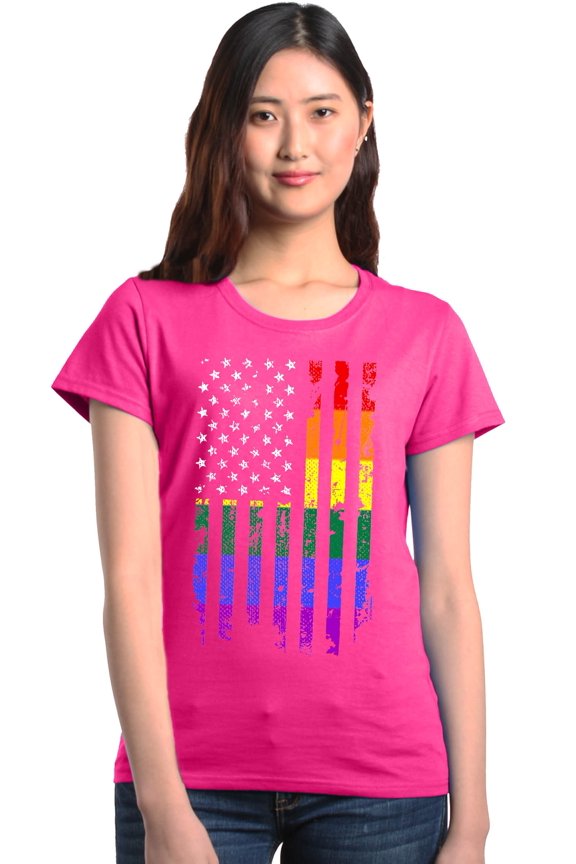 Women's Distressed Rainbow Flag Gay Pride Graphic T-Shirt Medium Heliconia Pink