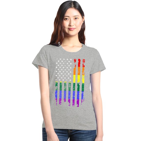 Shop4Ever Women's Distressed Rainbow Flag Gay Pride Graphic T-Shirt Medium Sports Grey