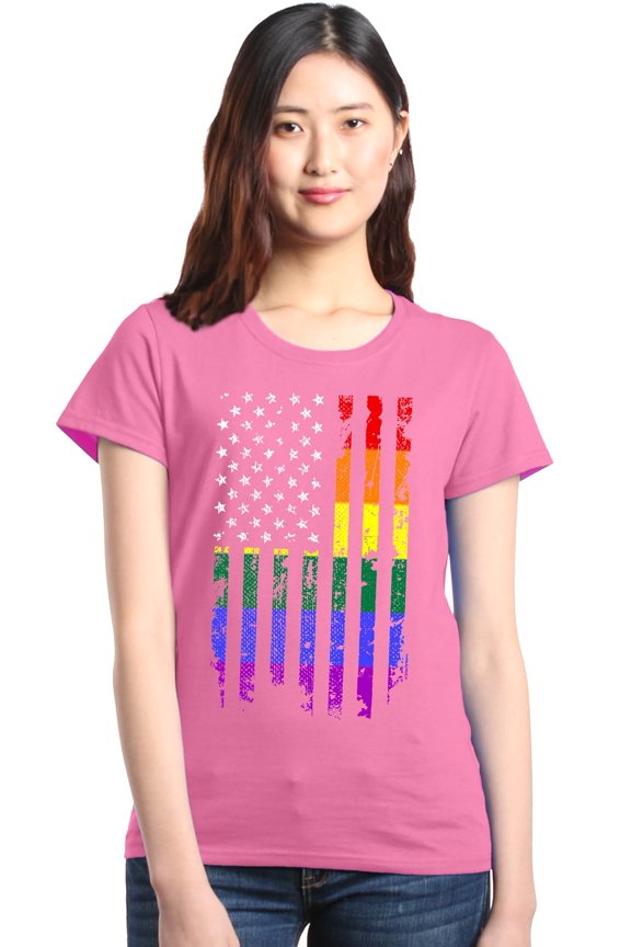 Women's Distressed Rainbow Flag Gay Pride Graphic T-Shirt Small Azalea Pink