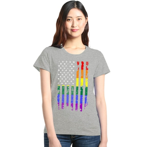 Shop4Ever Women's Distressed Rainbow Flag Gay Pride Graphic T-Shirt Small Sports Grey
