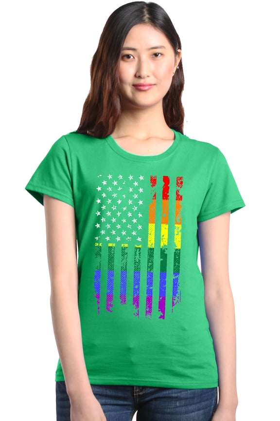 Women's Distressed Rainbow Flag Gay Pride Graphic T-Shirt X-Large Irish Green