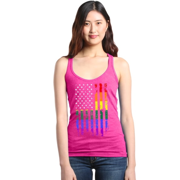 Shop4Ever Women's Distressed Rainbow Flag Gay Pride Racerback Tank Top Medium Fuchsia