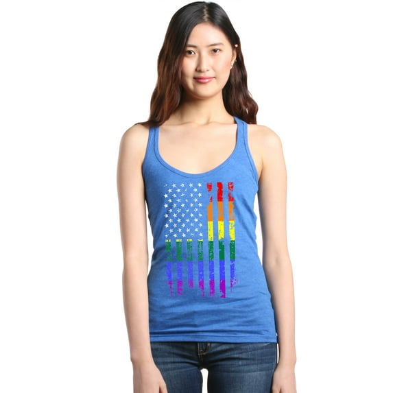 Shop4Ever Women's Distressed Rainbow Flag Gay Pride Racerback Tank Top Medium Royal Blue