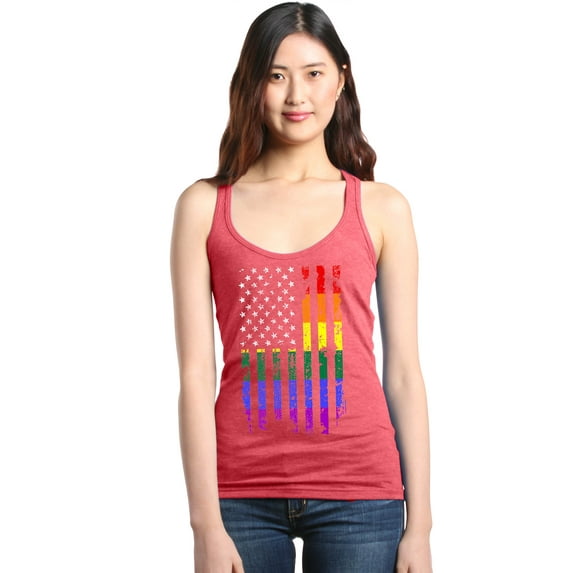 Shop4Ever Women's Distressed Rainbow Flag Gay Pride Racerback Tank Top XX-Large Red
