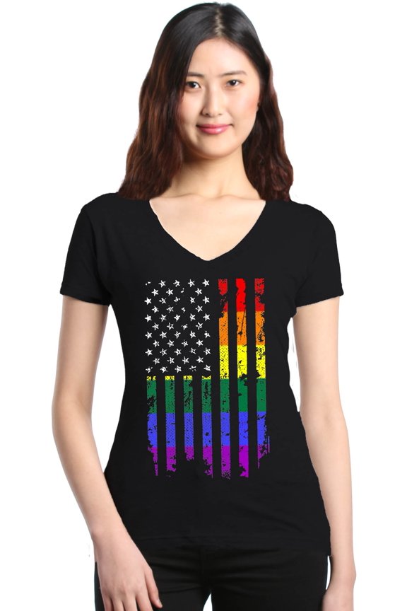 Women's Distressed Rainbow Flag Gay Pride Slim Fit V-Neck T-Shirt Large Black