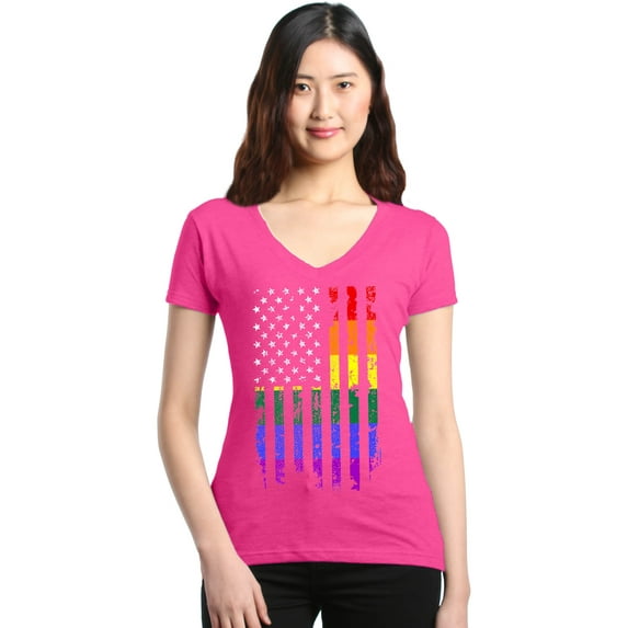 Shop4Ever Women's Distressed Rainbow Flag Gay Pride Slim Fit V-Neck T-Shirt Small Pink