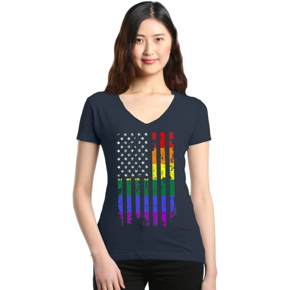 Shop4Ever Women's Distressed Rainbow Flag Gay Pride Slim Fit V-Neck T-Shirt X-Large Charcoal