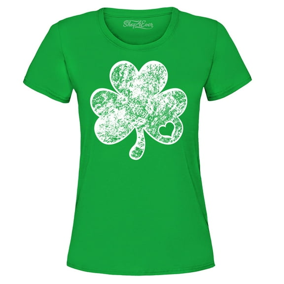 Shop4Ever Women's Distressed Shamrock Heart St. Patrick's Day Graphic T-Shirt Large Irish Green