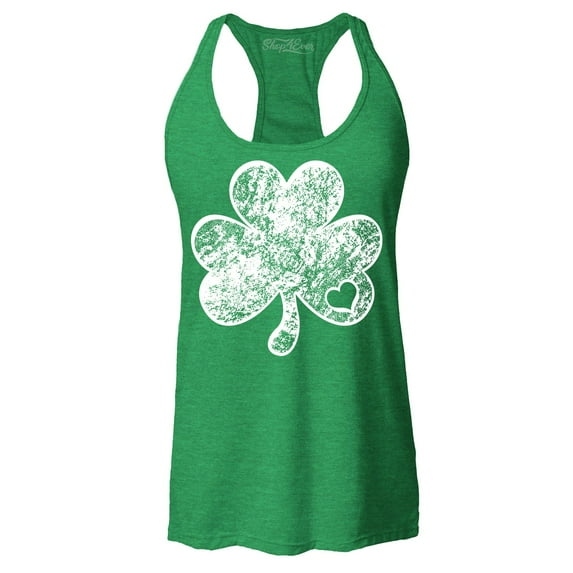 Shop4Ever Women's Distressed Shamrock Heart St. Patrick's Day Racerback Tank Top Large Kelly Green