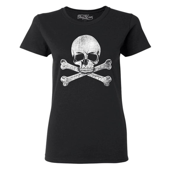 Shop4Ever Women's Distressed White Skull and Crossbones Graphic T-Shirt Medium Black