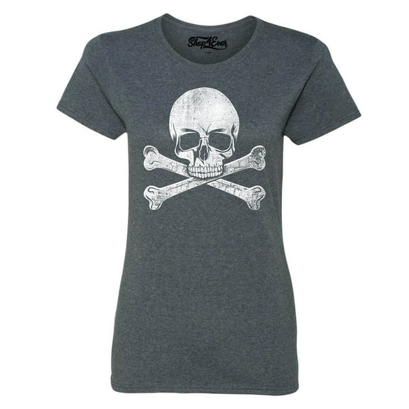Shop4Ever Women's Distressed White Skull and Crossbones Graphic T-Shirt Medium Dark Heather